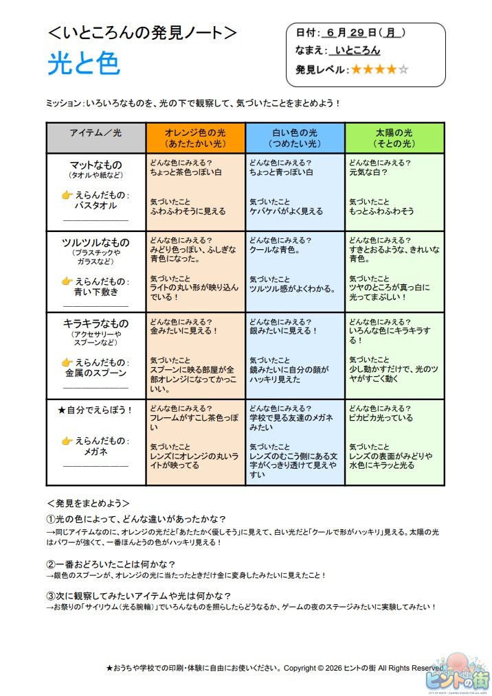 発見ノート:光と色(記入例)